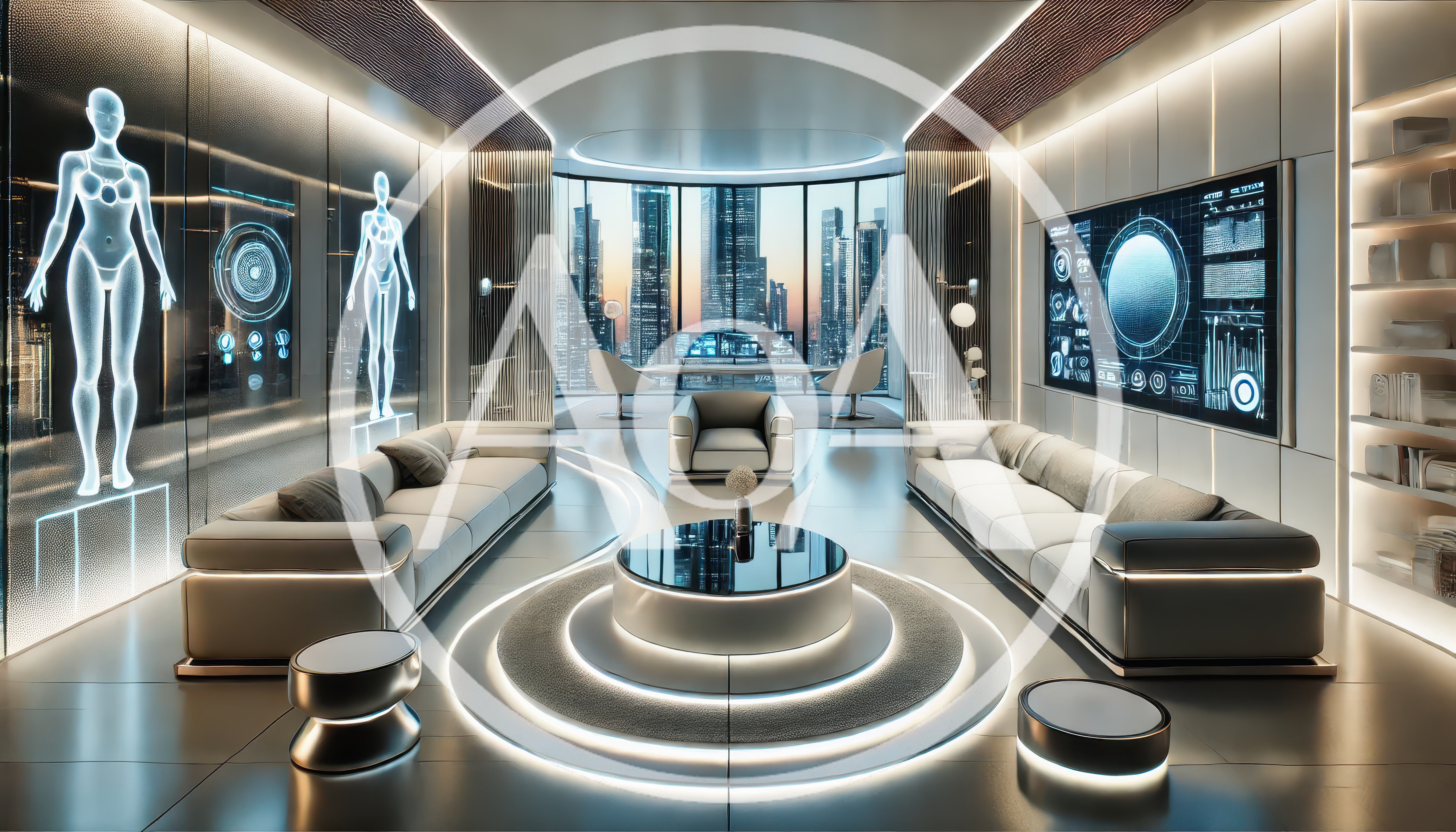 Futuristic Luxury Living Room With Holographic Medical Displays