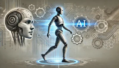 Futuristic Humanoid Robot Walking Through Digital Circuitry Environment