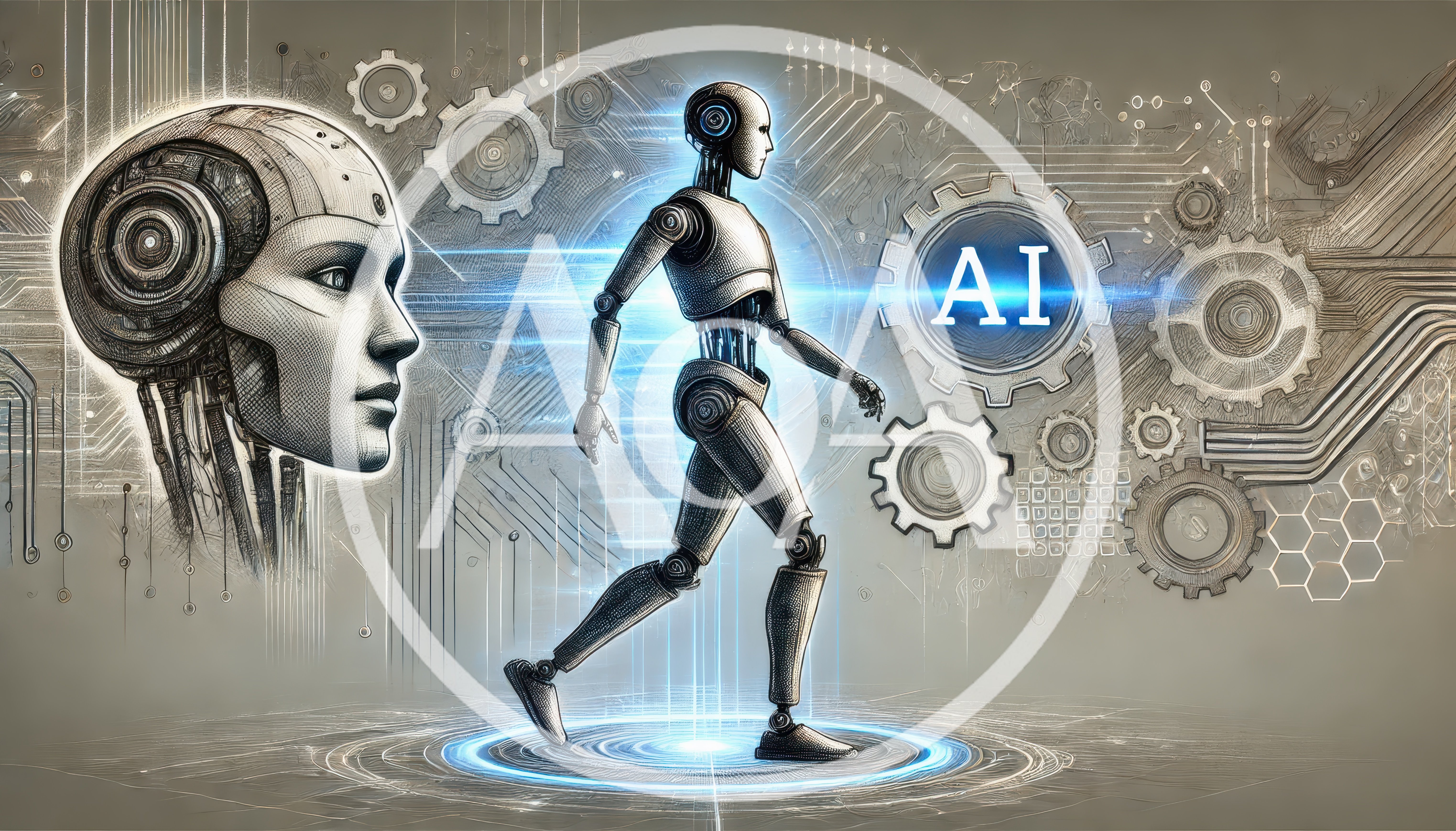 Futuristic Humanoid Robot Walking Through Digital Circuitry Environment