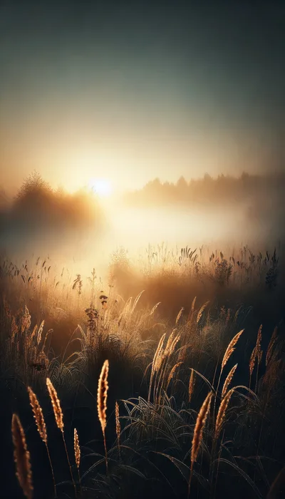 Golden Sunrise Over A Misty Meadow
