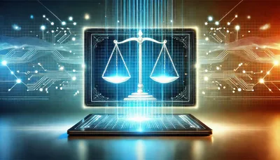 Digital Scales Of Justice On Futuristic Computer Screen