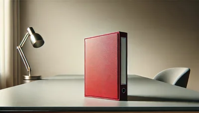Red Binder Standing On A Minimalist Office Desk