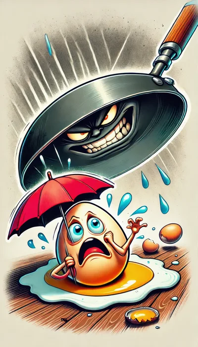 Cartoon Egg With Umbrella Fleeing From Evil Frying Pan