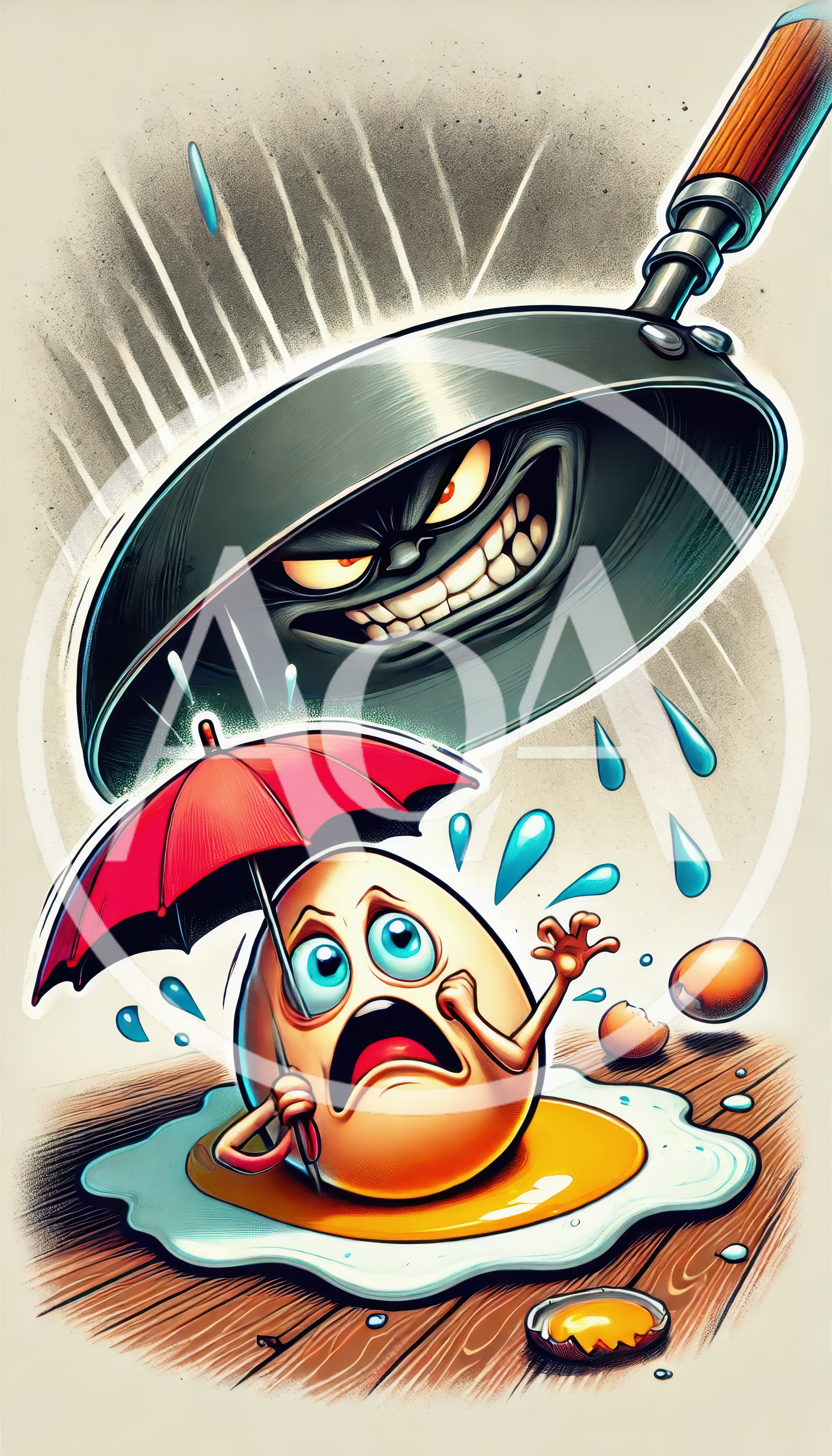 Cartoon Egg With Umbrella Fleeing From Evil Frying Pan