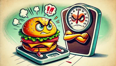 Angry Cartoon Hamburger Standing On A Weighing Scale