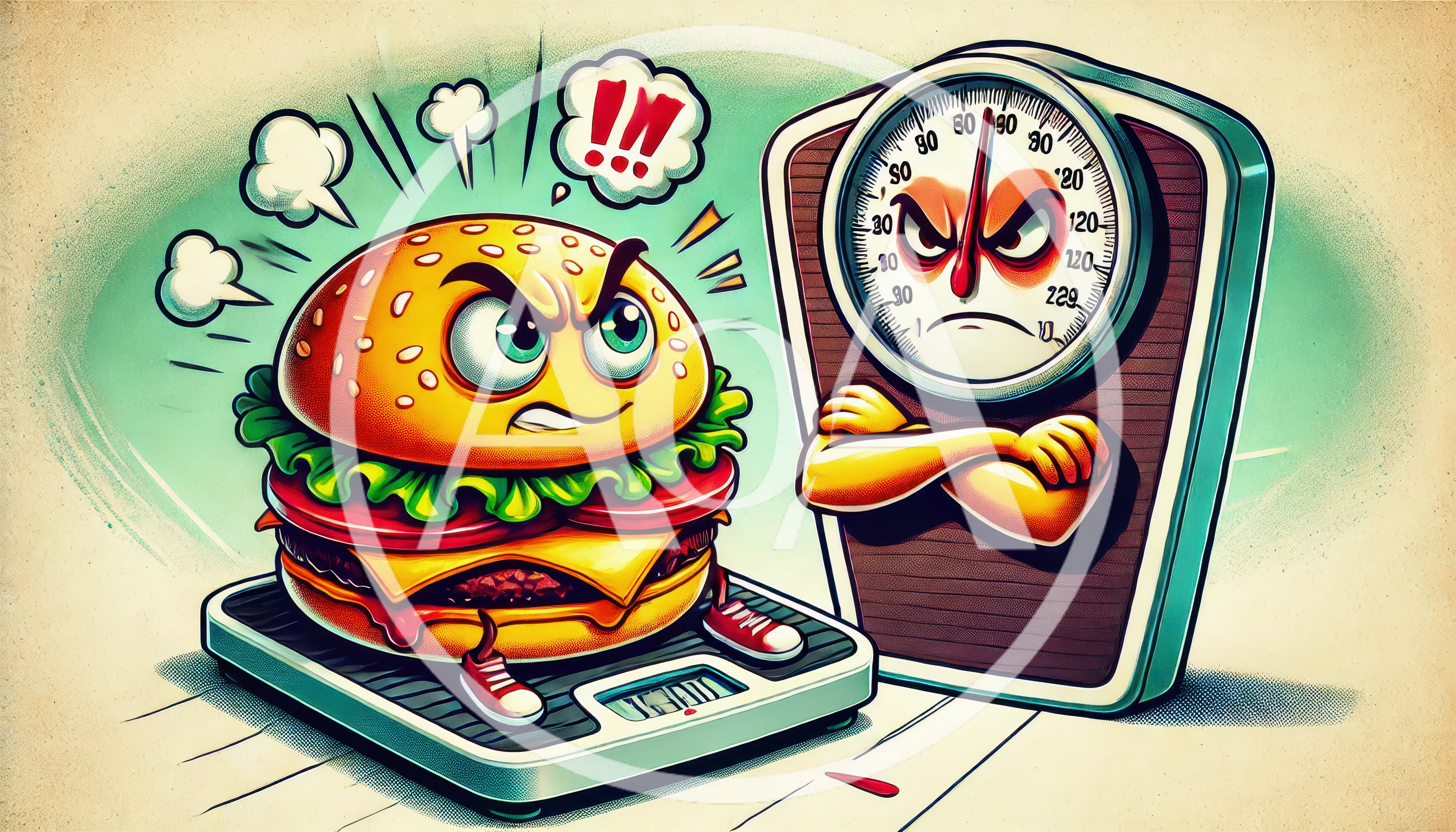Angry Cartoon Hamburger Standing On A Weighing Scale