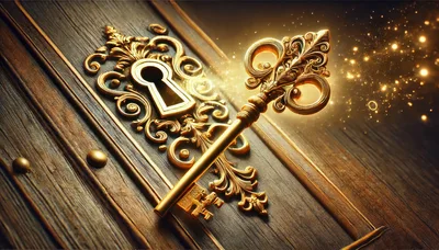Ornate Golden Key Resting On Antique Wooden Door