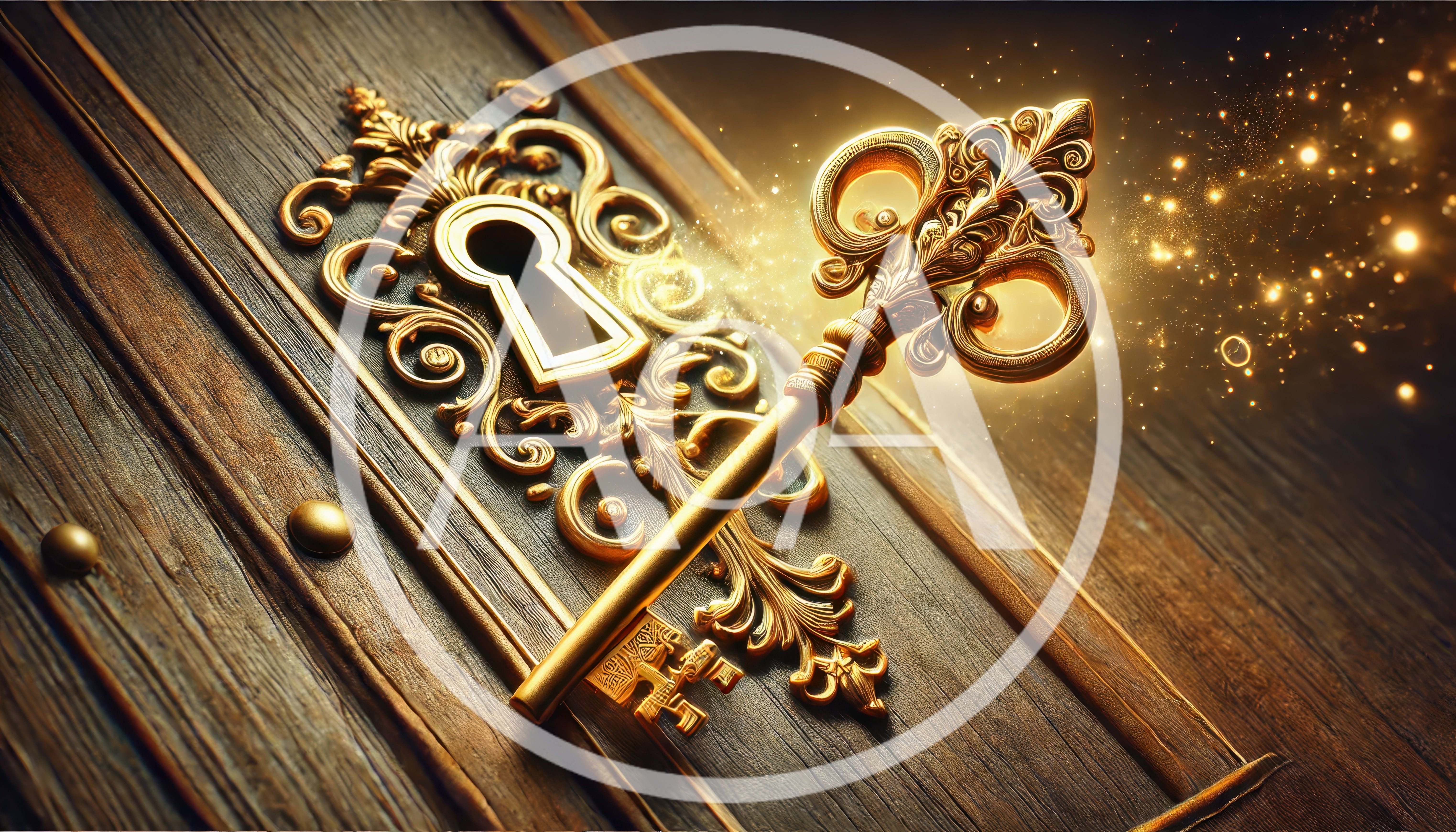 Ornate Golden Key Resting On Antique Wooden Door