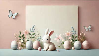 Easter Bunny With Pastel Eggs And Flowers