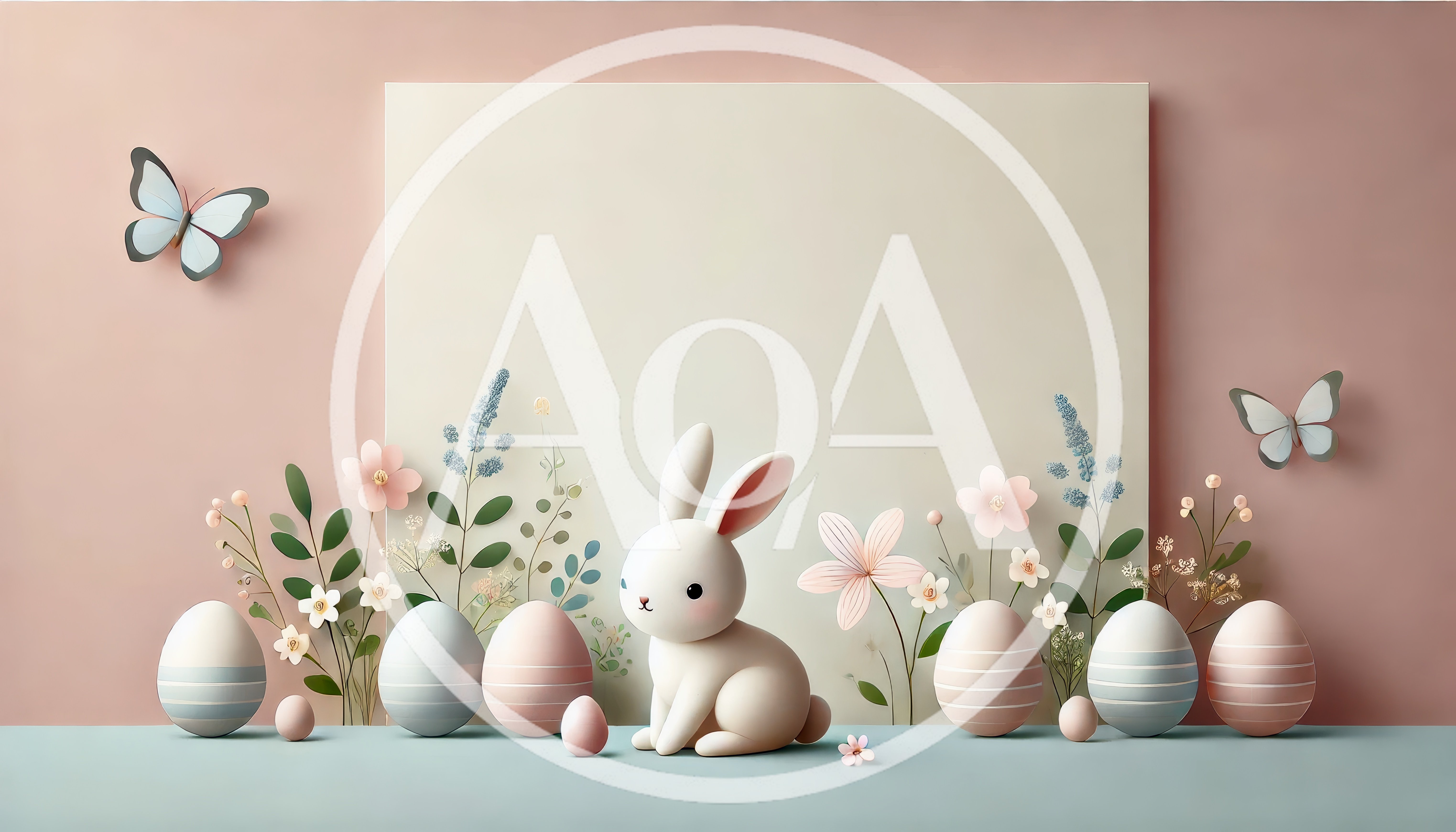 Easter Bunny With Pastel Eggs And Flowers