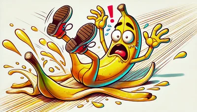 Cartoon Banana Character Slipping On A Peel