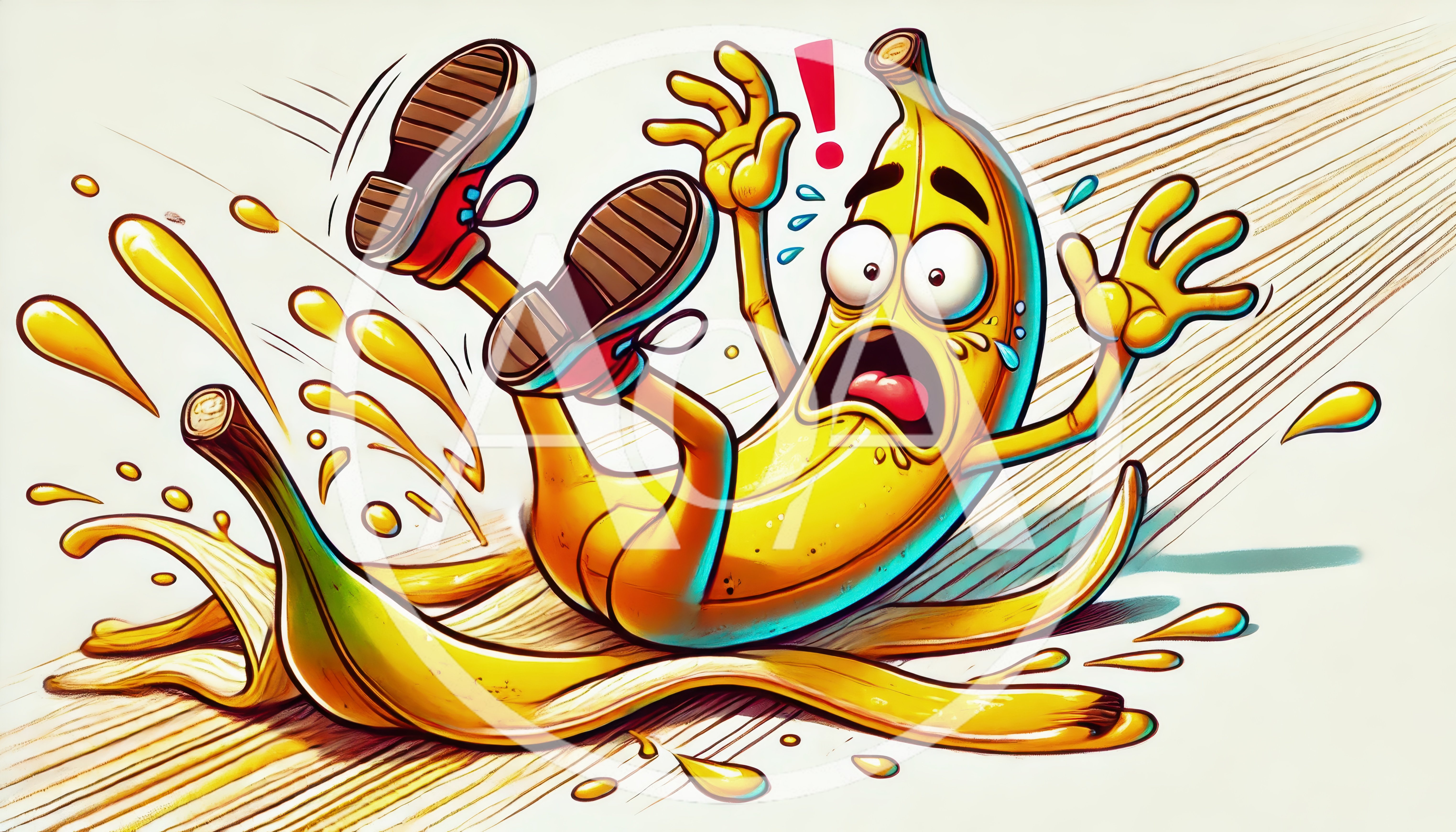 Cartoon Banana Character Slipping On A Peel