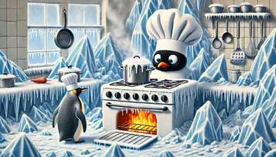 Penguin Chefs Cooking in an Icy Kitchen