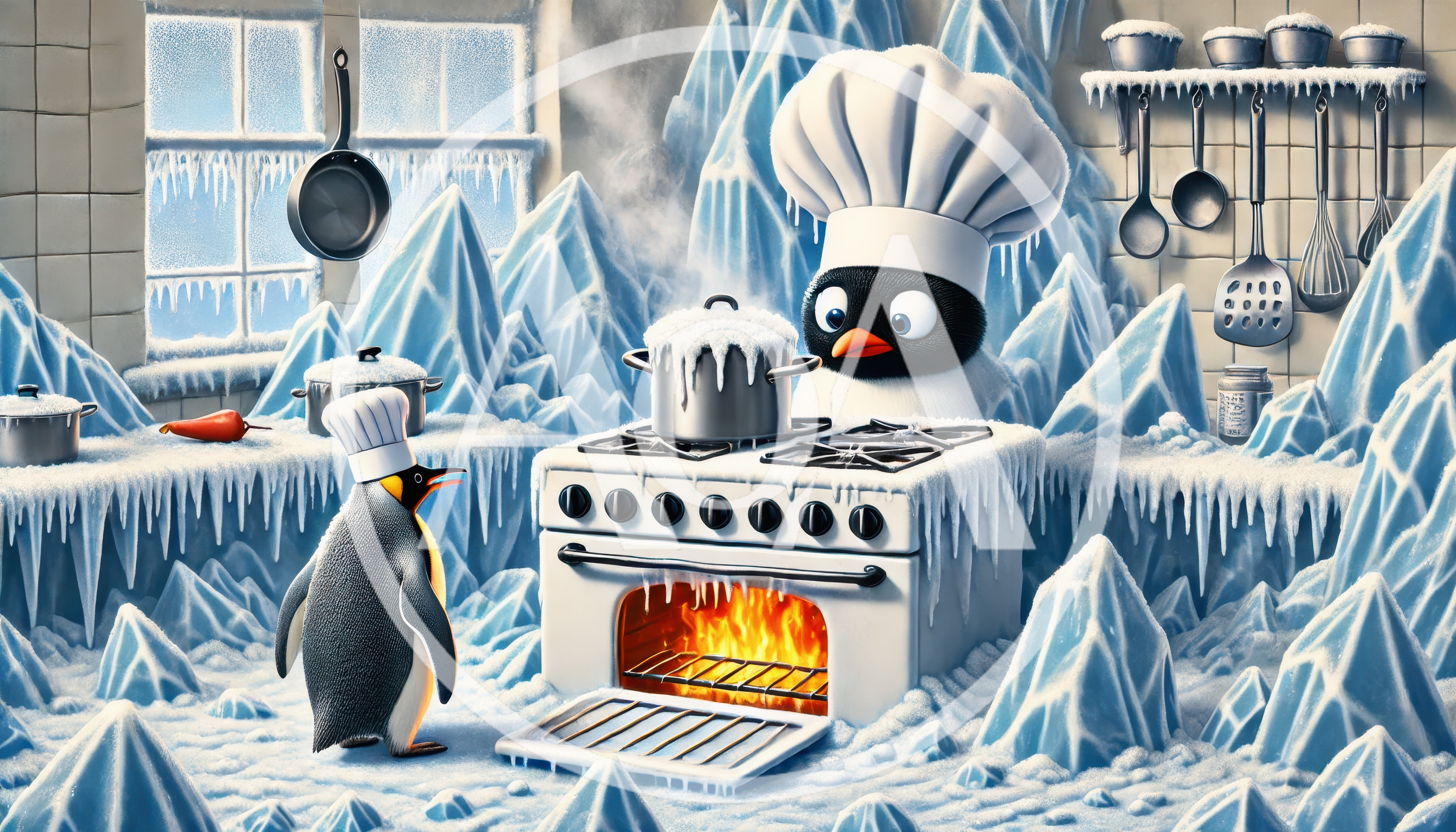 Penguin Chefs Cooking in an Icy Kitchen