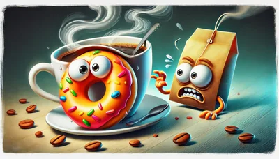 Cartoon Donut And Tea Bag Characters In Coffee Cup