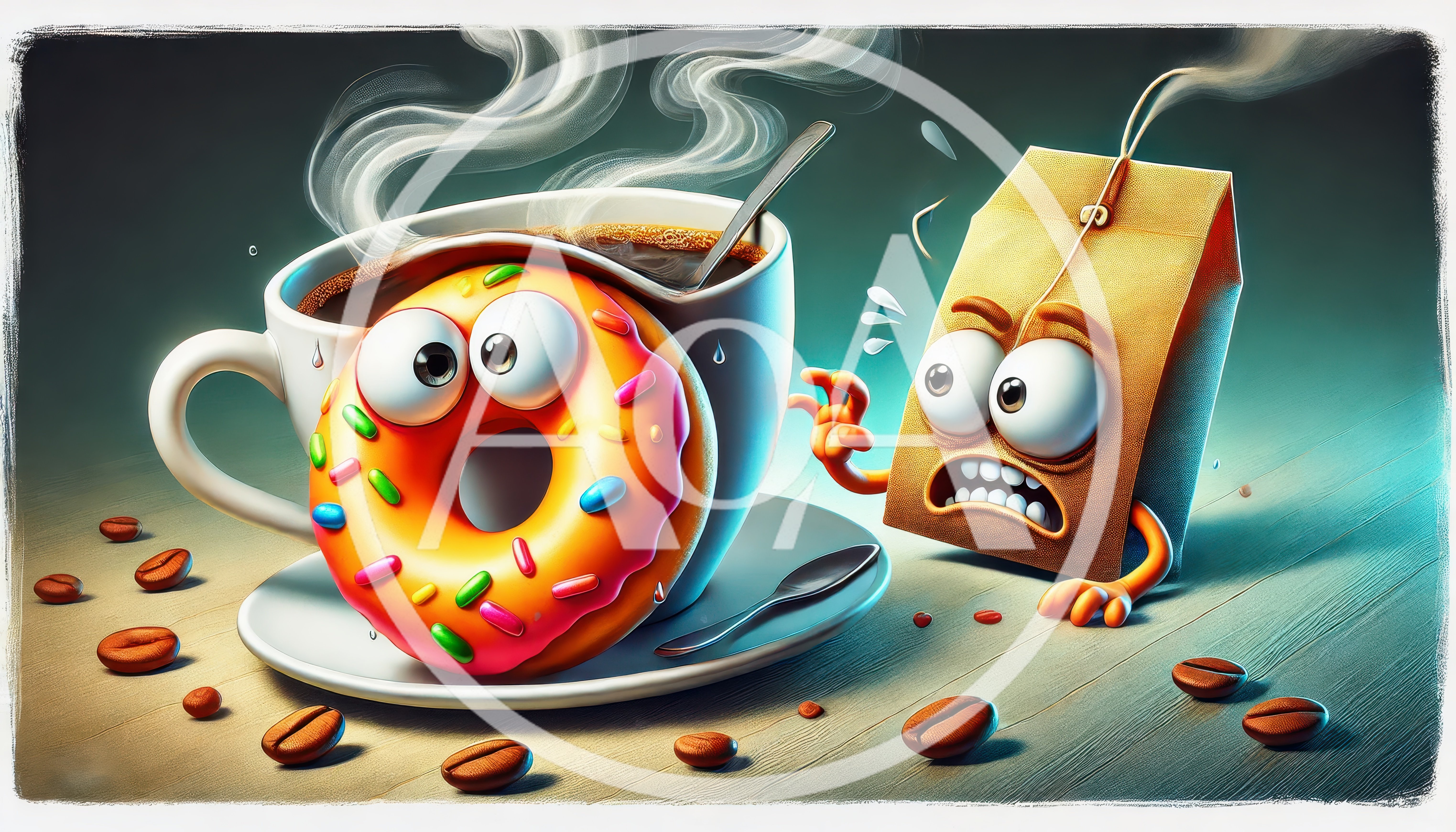Cartoon Donut And Tea Bag Characters In Coffee Cup