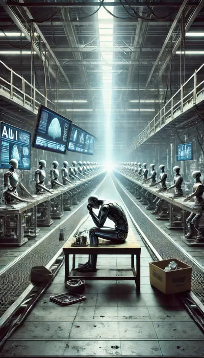 Depressed Robot Sitting Alone In A Futuristic Factory