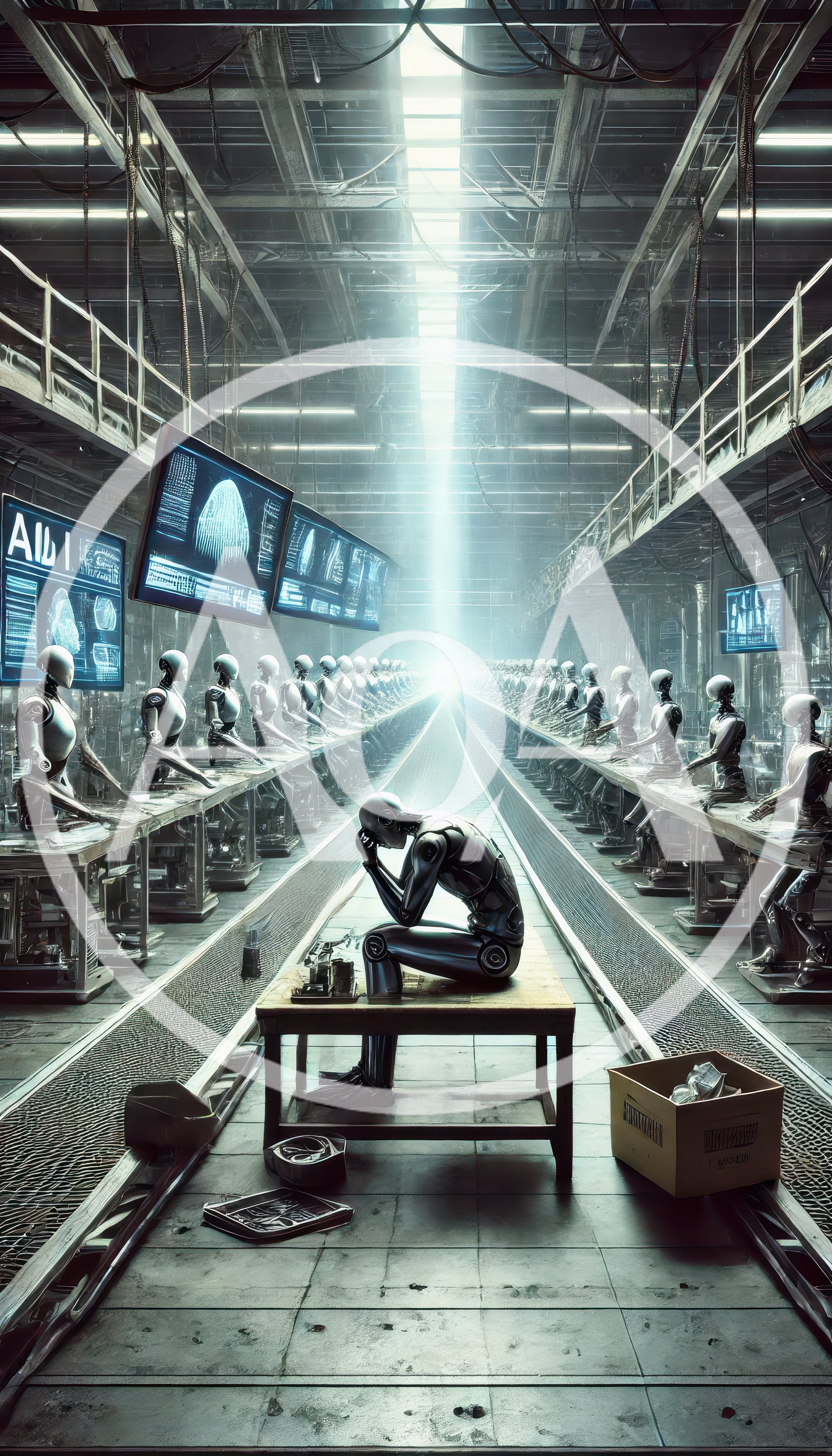 Depressed Robot Sitting Alone In A Futuristic Factory