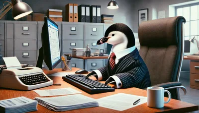Business Penguin Working At Office Desk