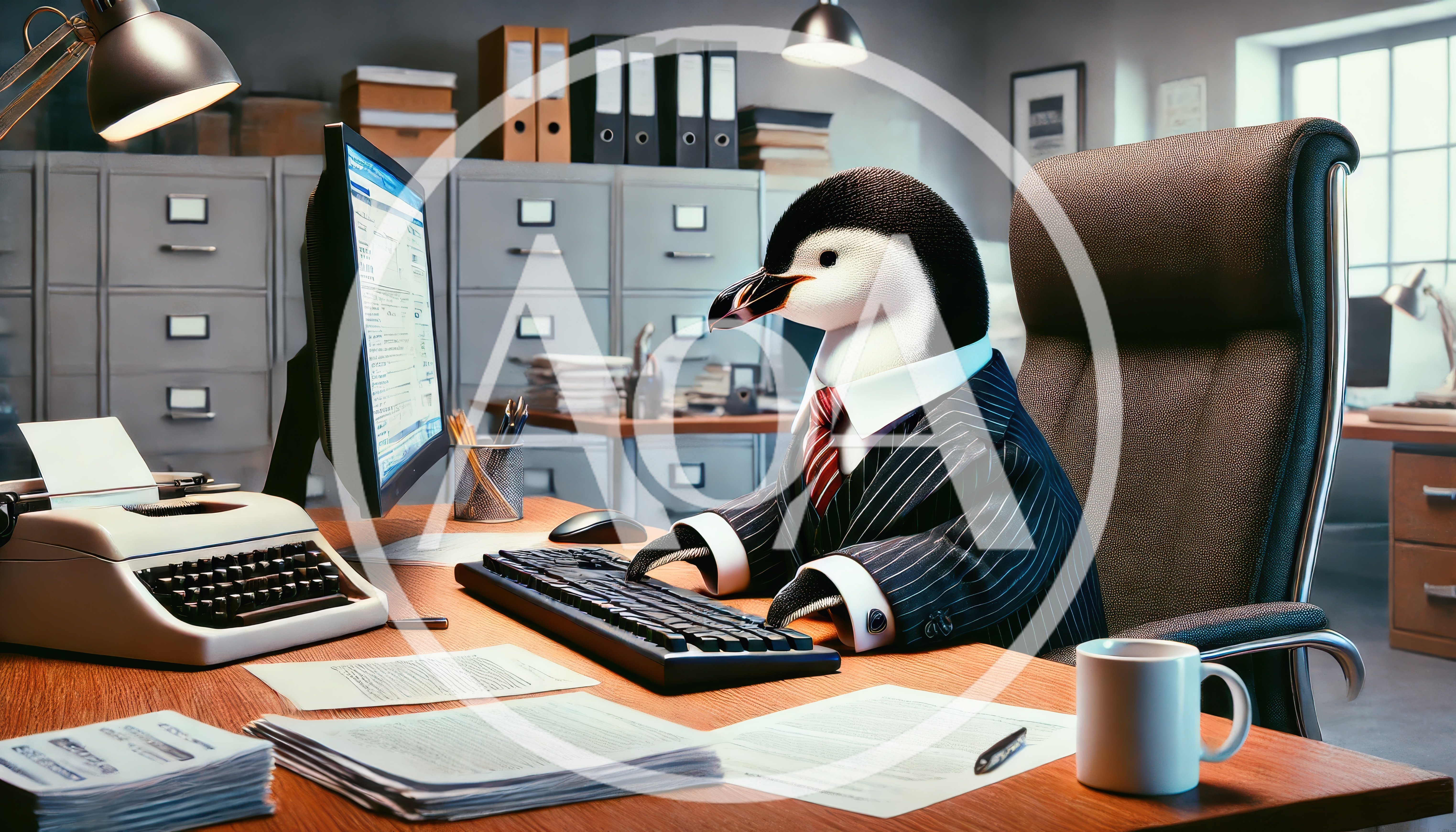 Business Penguin Working At Office Desk