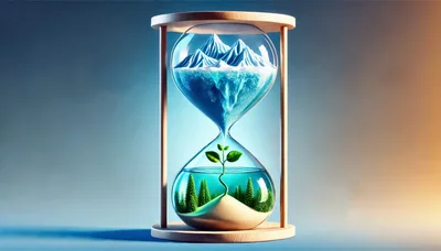 Conceptual Hourglass With Melting Ice And Growing Plant