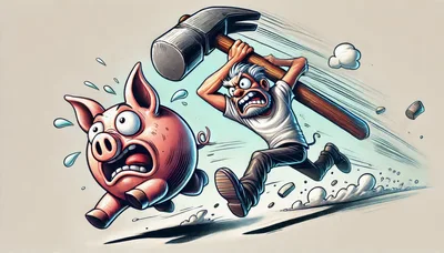 Cartoon Man Chasing A Frightened Piggy Bank