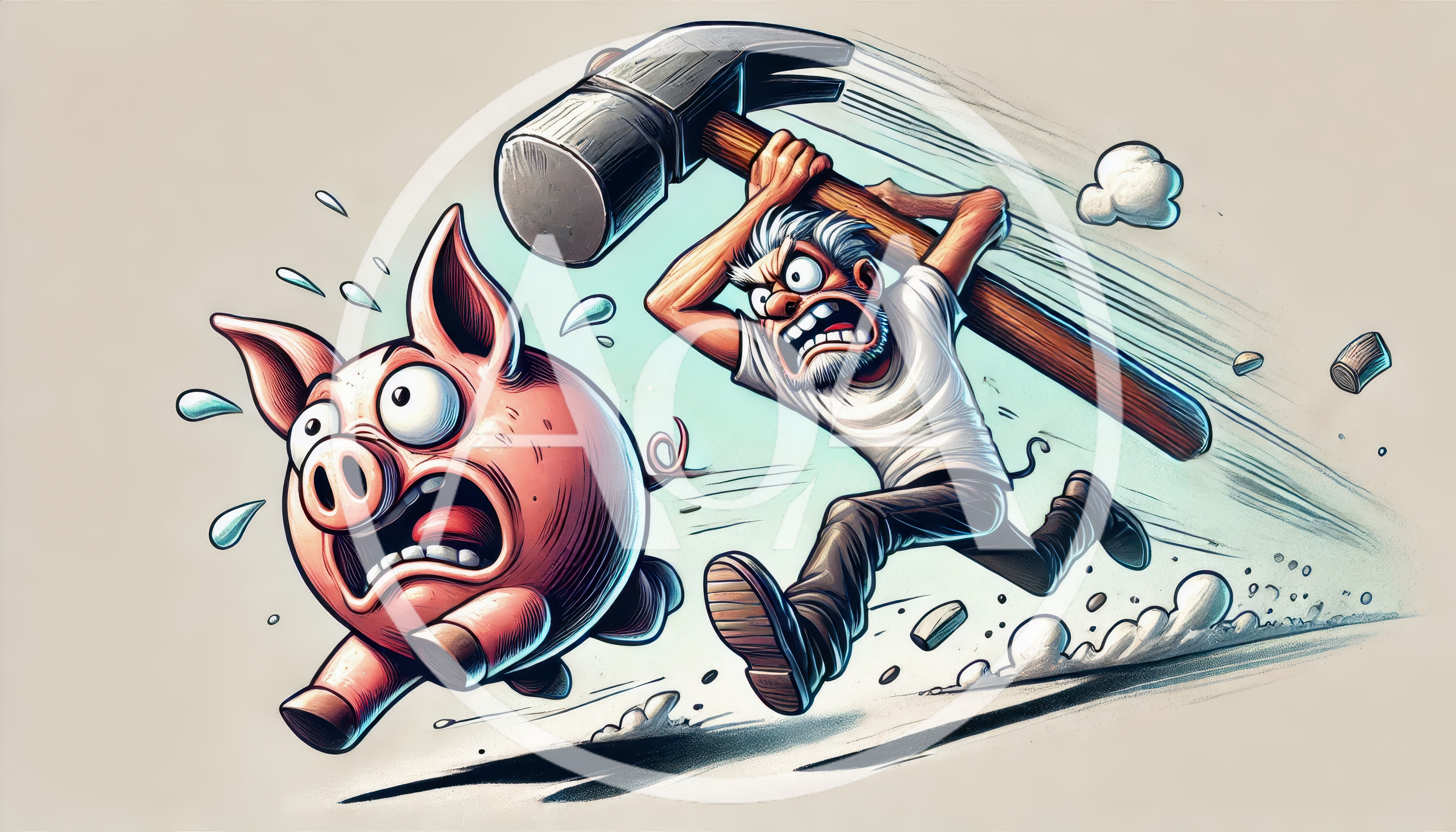 Cartoon Man Chasing A Frightened Piggy Bank
