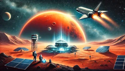 Futuristic Mars Colony With Astronauts And Space Shuttle