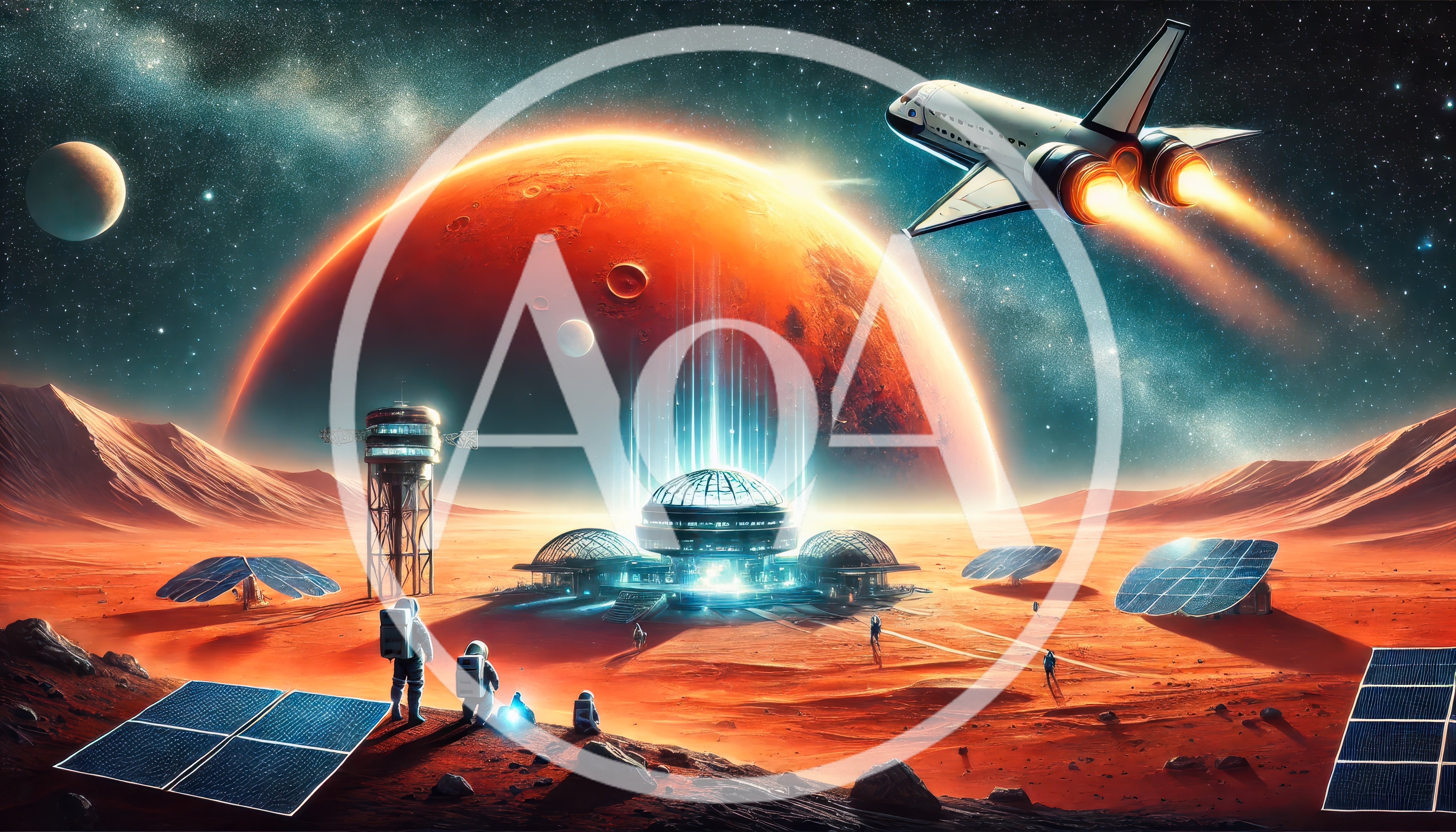 Futuristic Mars Colony With Astronauts And Space Shuttle