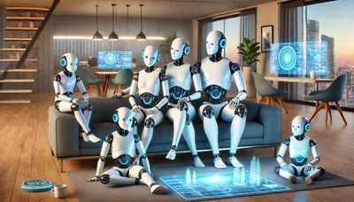 Futuristic Robot Family Sitting Together in Modern Living Room