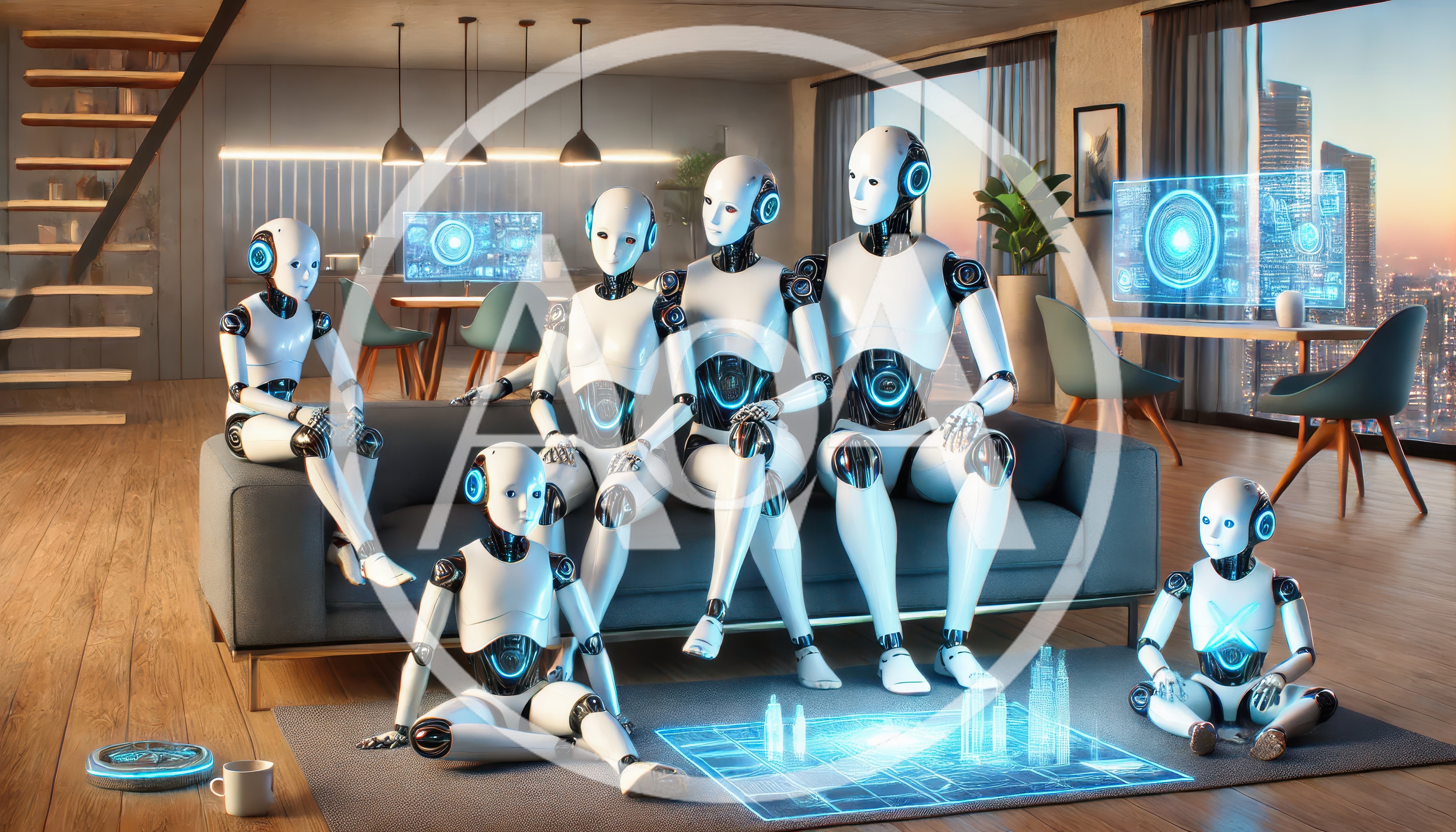 Futuristic Robot Family Sitting Together in Modern Living Room