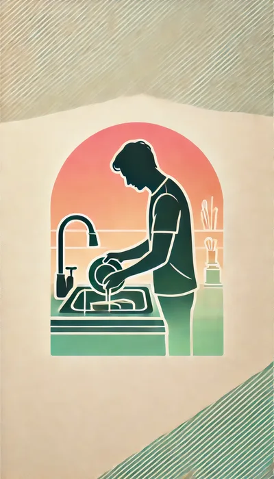 Minimalist Illustration Of A Man Washing Dishes