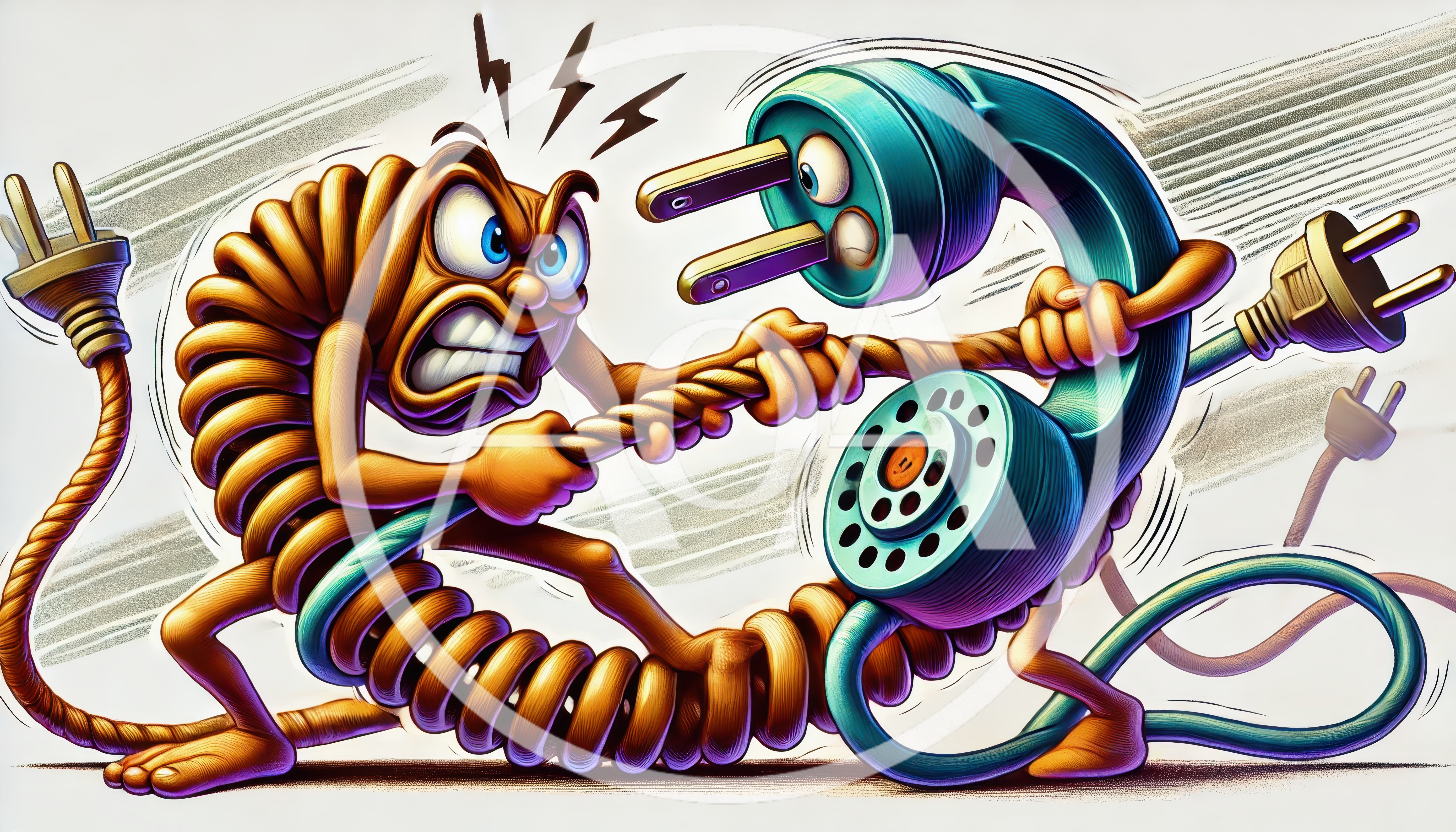 Anthropomorphic Electrical Cords Engaged In A Tug Of War