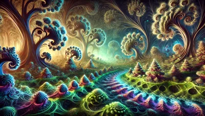 Surreal Fractal Forest Landscape With Glowing Bioluminescent Flora