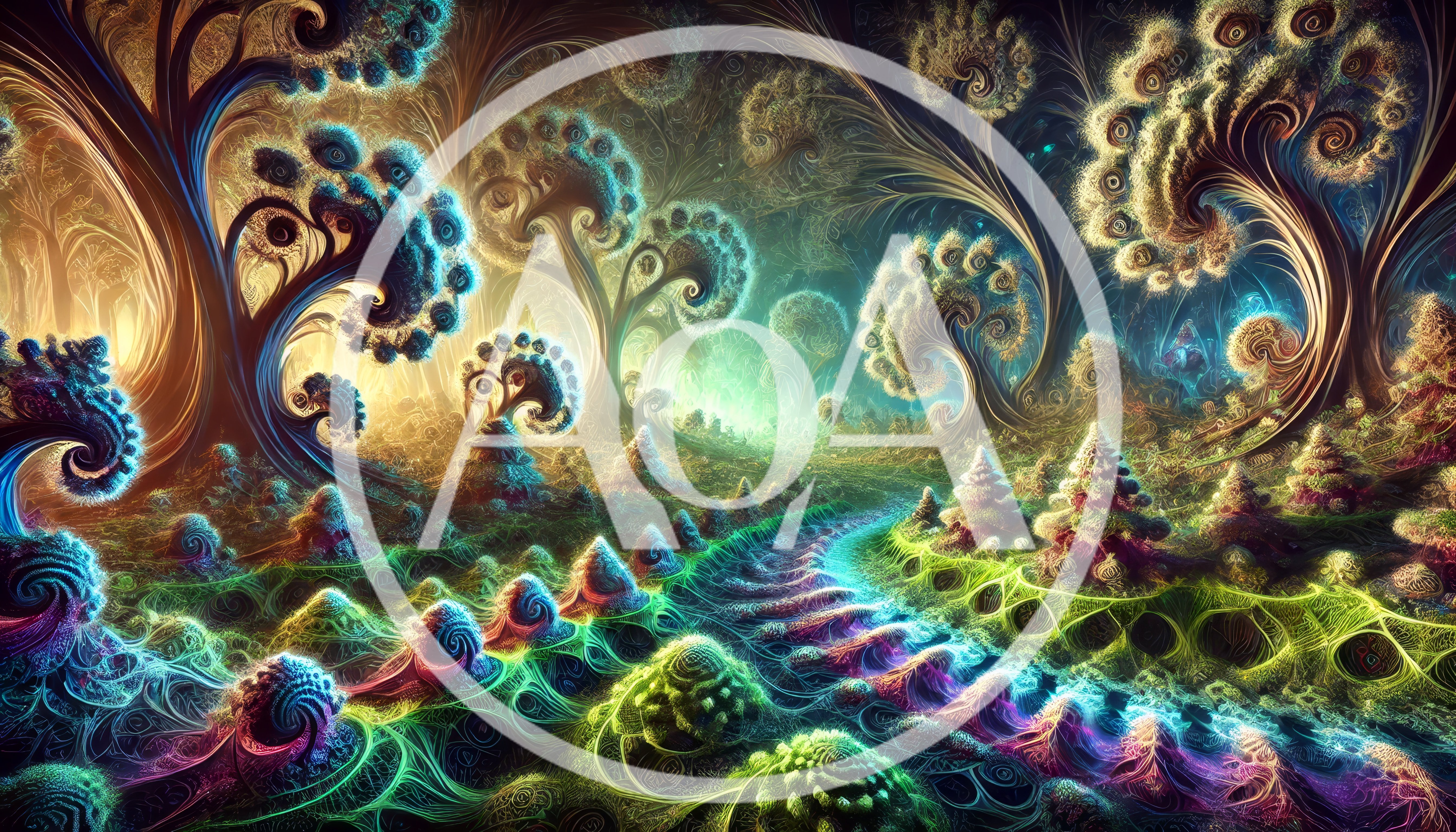 Surreal Fractal Forest Landscape With Glowing Bioluminescent Flora