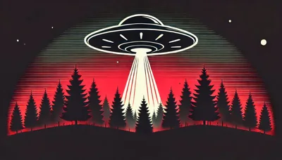 UFO Hovering Over A Dark Pine Forest At Sunset