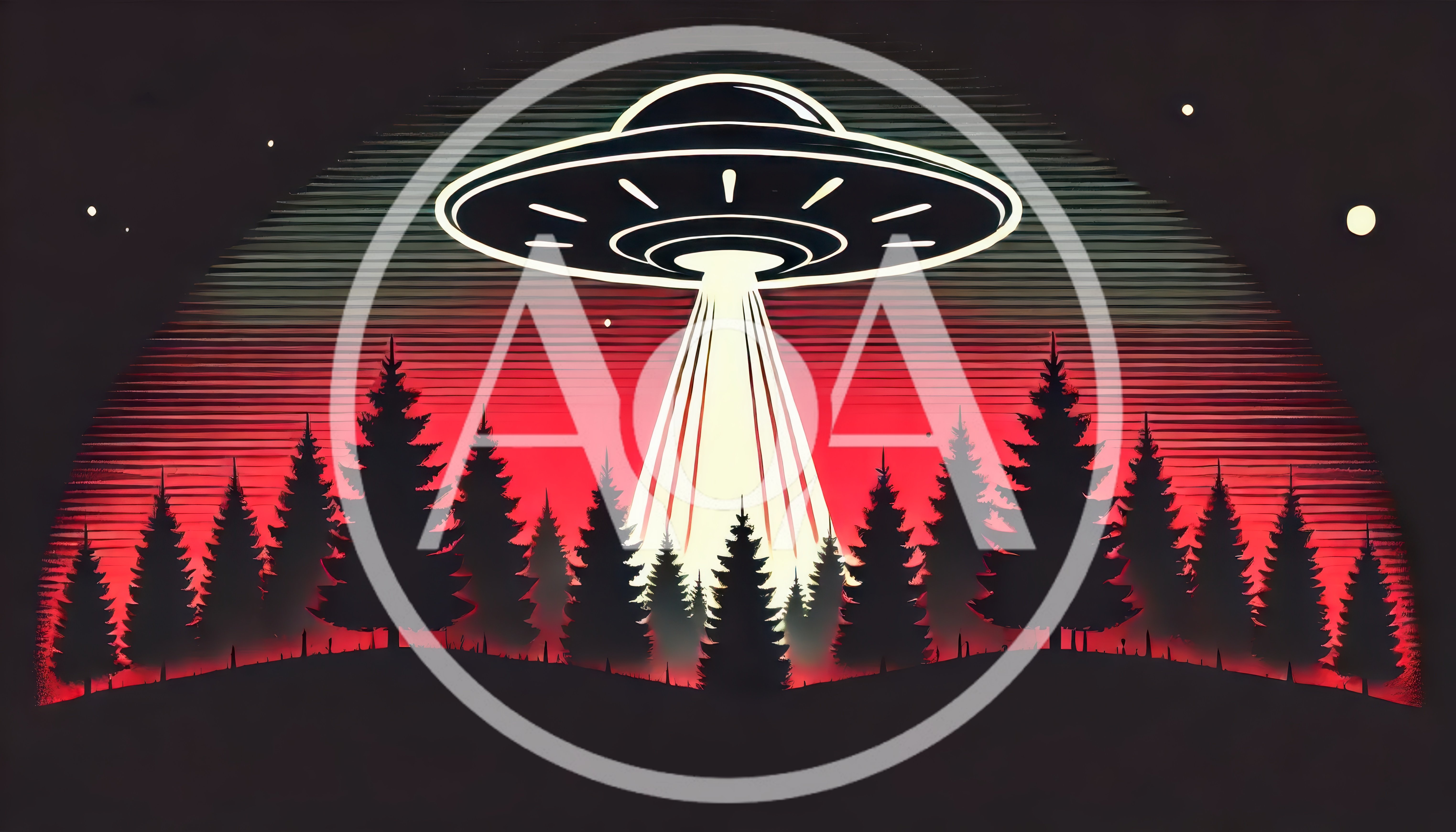 UFO Hovering Over A Dark Pine Forest At Sunset