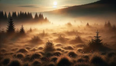 Golden Sunrise Over Misty Forest Meadow