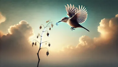 Bird Carrying Water Drop To Withered Plant