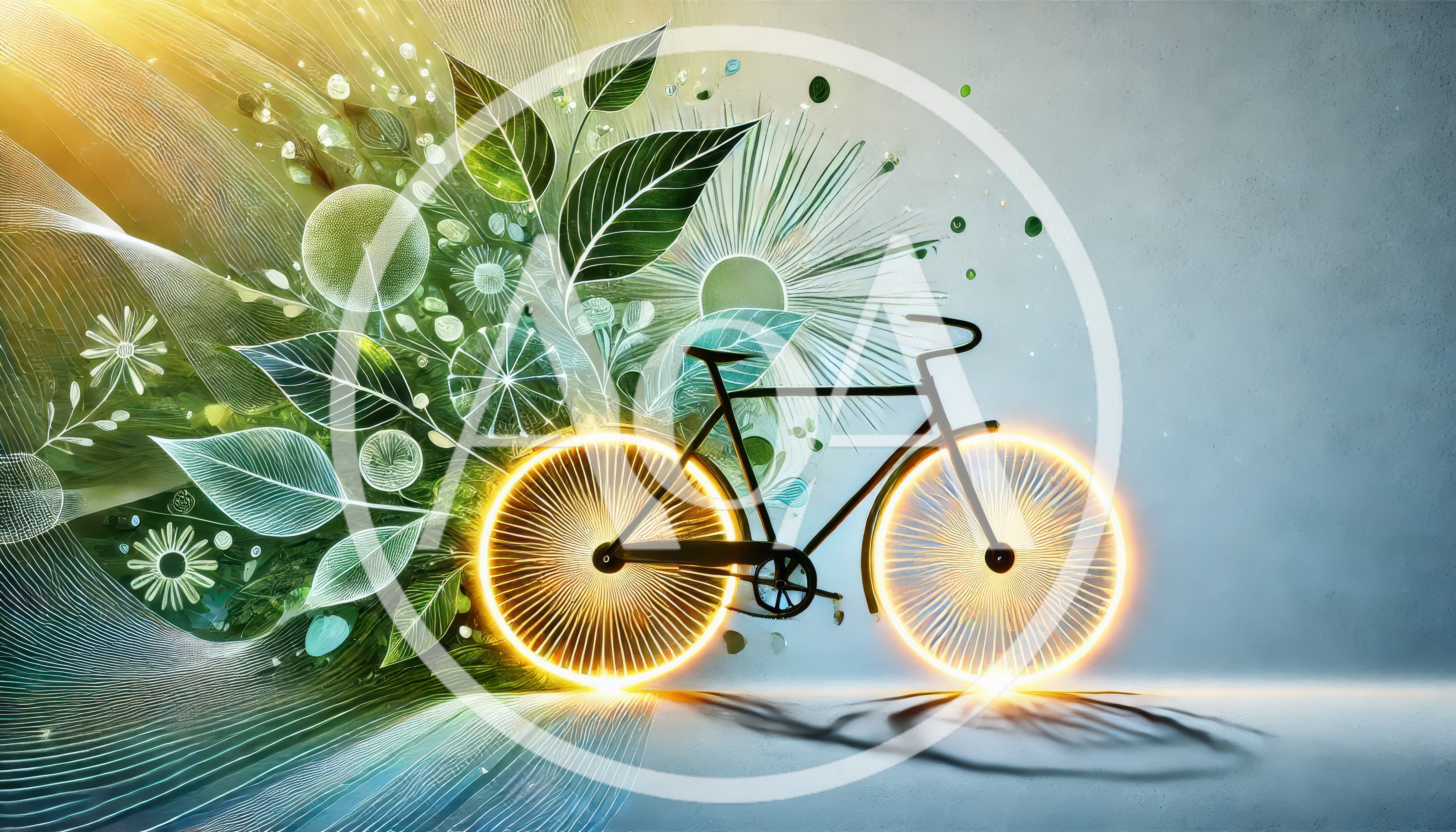 Abstract Bicycle Illustration With Glowing Wheels And Botanical Elements
