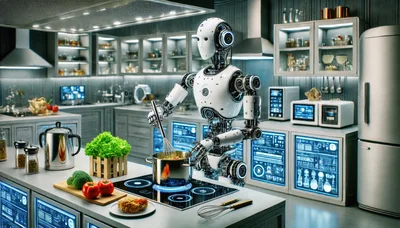 Humanoid Robot Cooking In A Futuristic Kitchen