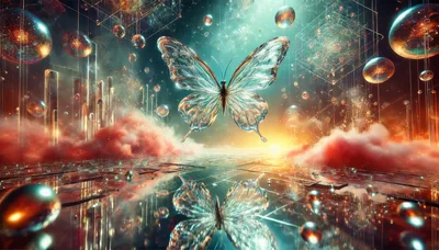 Glass Butterfly Floating Above Reflective Surreal Landscape
