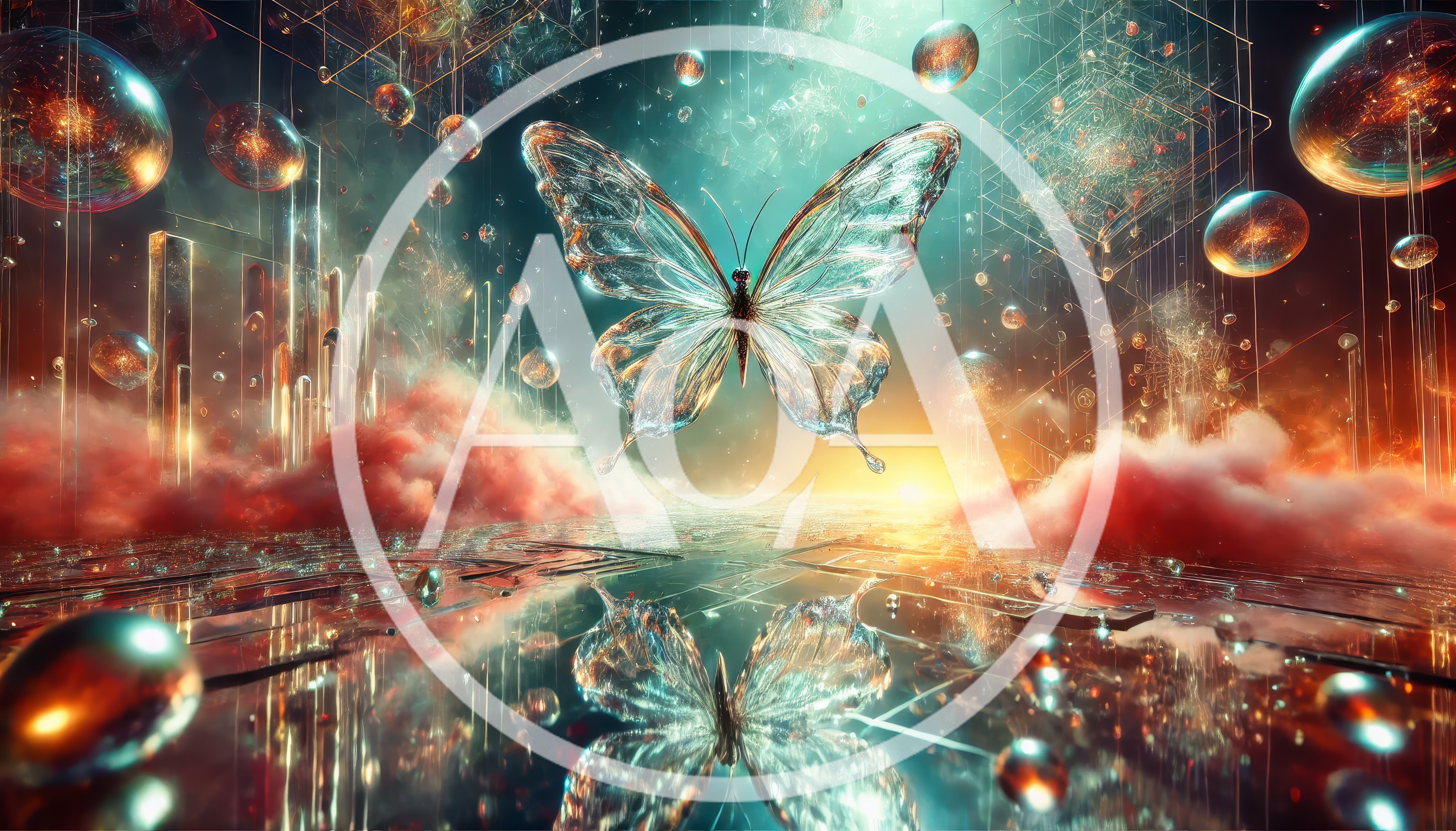 Glass Butterfly Floating Above Reflective Surreal Landscape