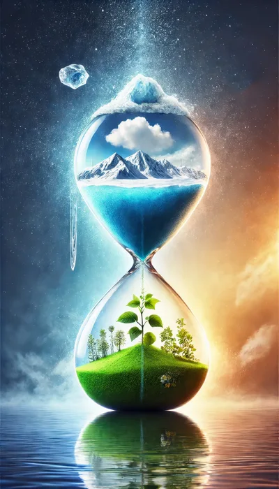 Conceptual Hourglass With Melting Ice And Growing Plants