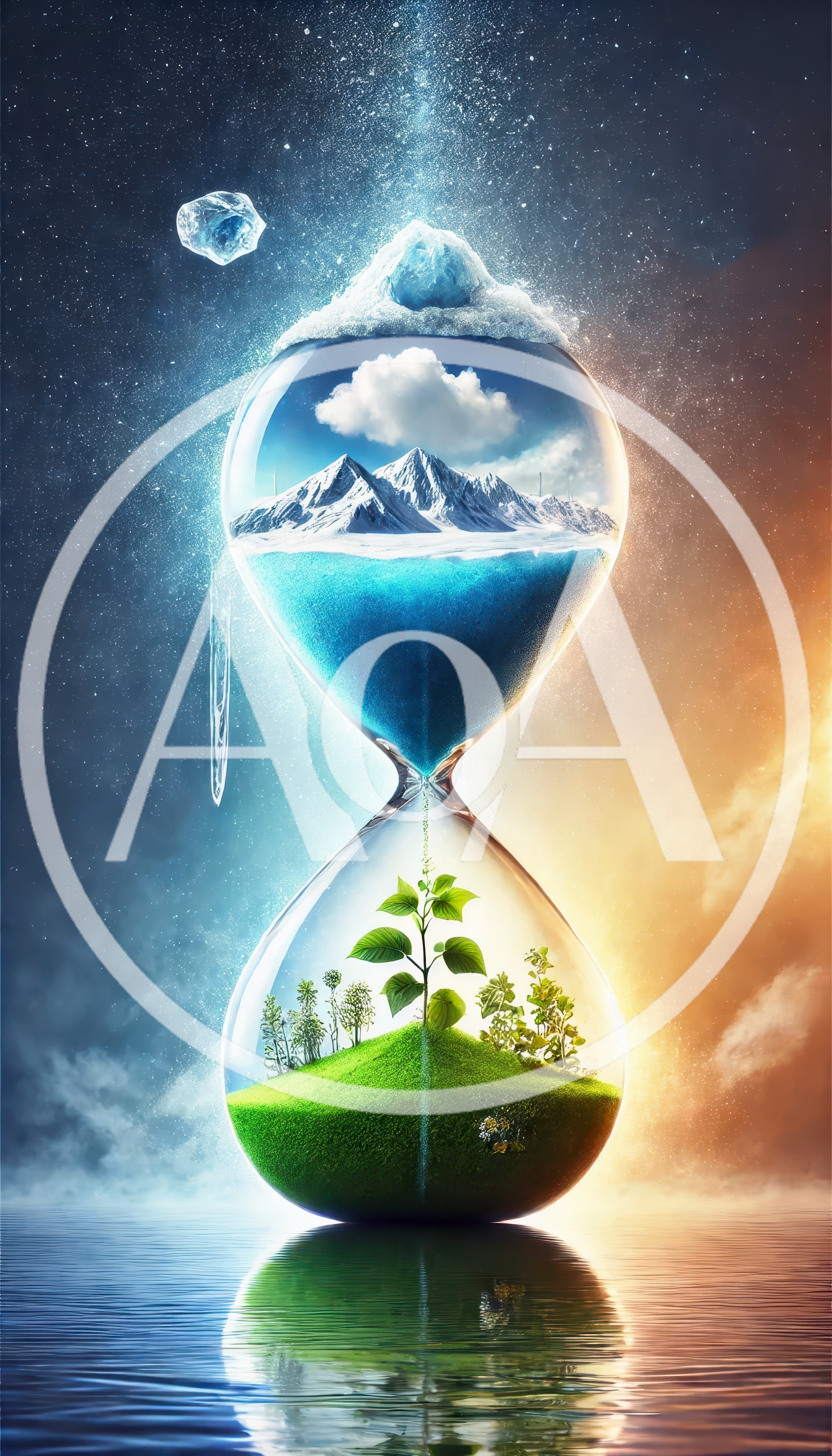 Conceptual Hourglass With Melting Ice And Growing Plants