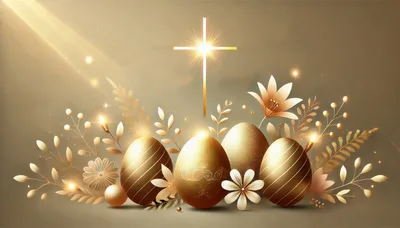 Golden Easter Eggs With Glowing Cross And Floral Decorations