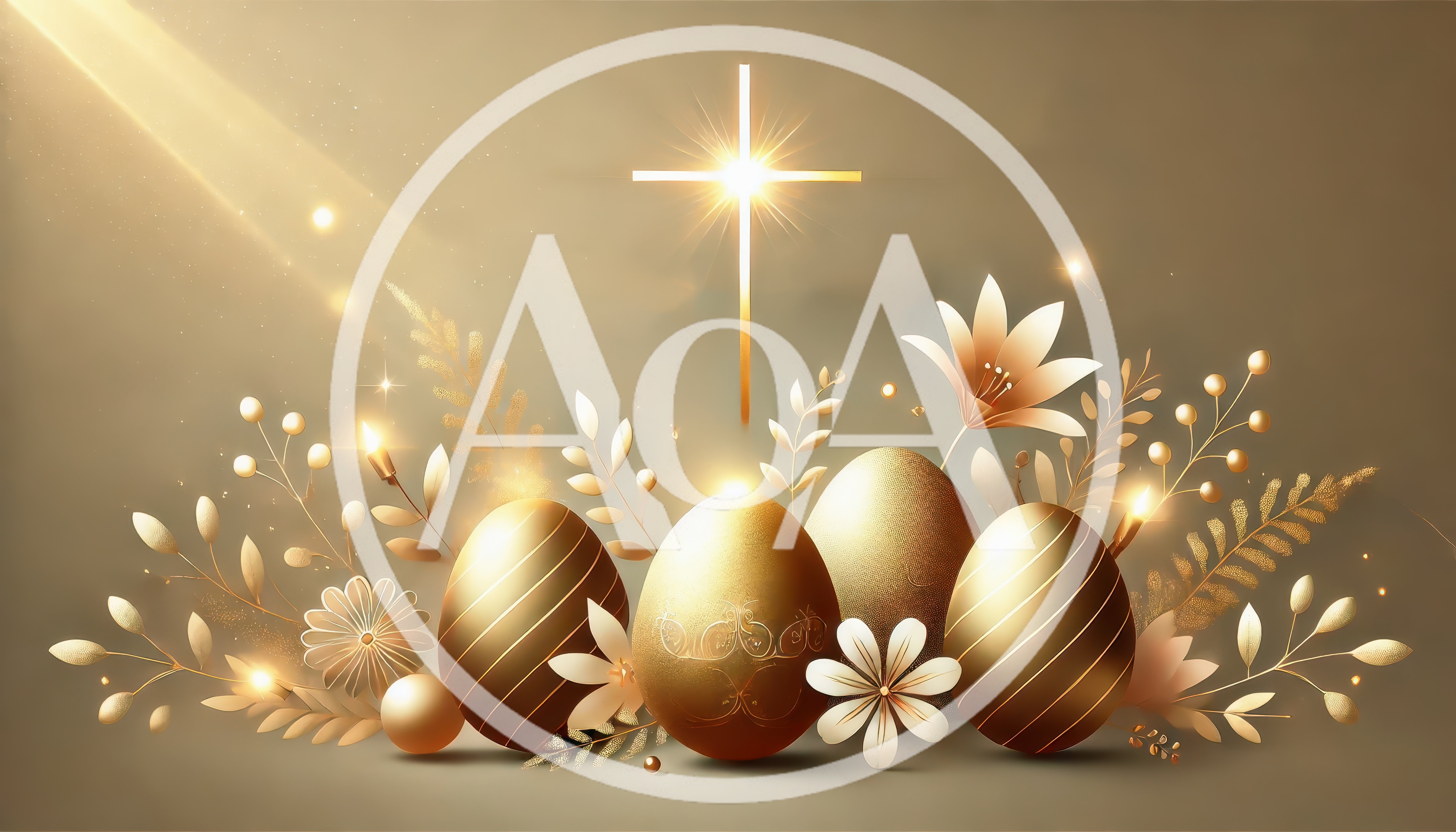 Golden Easter Eggs With Glowing Cross And Floral Decorations