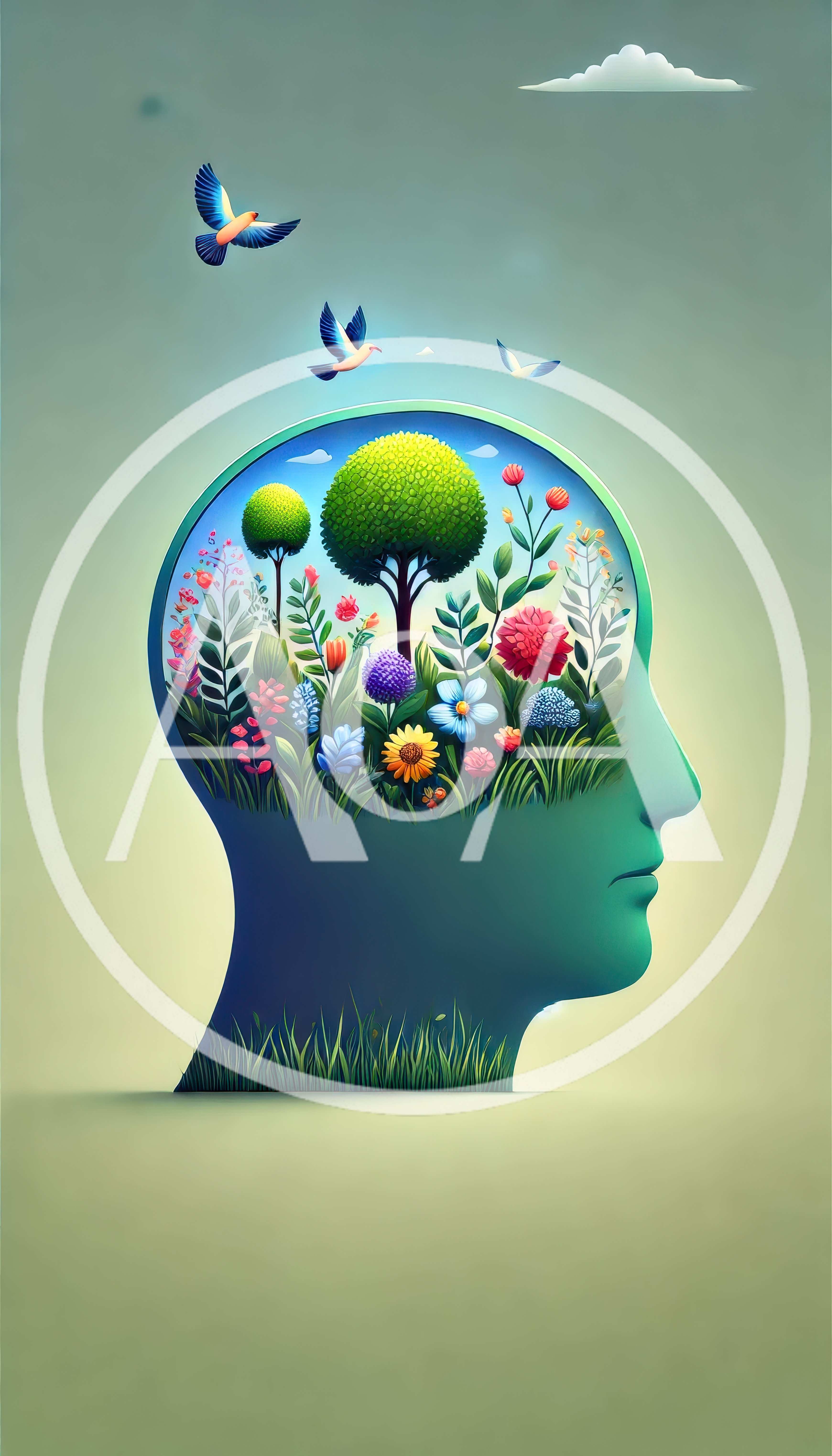 Surreal Human Head Silhouette Filled With Vibrant Garden