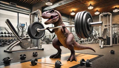T-Rex Dinosaur Lifting Heavy Barbell in Modern Gym