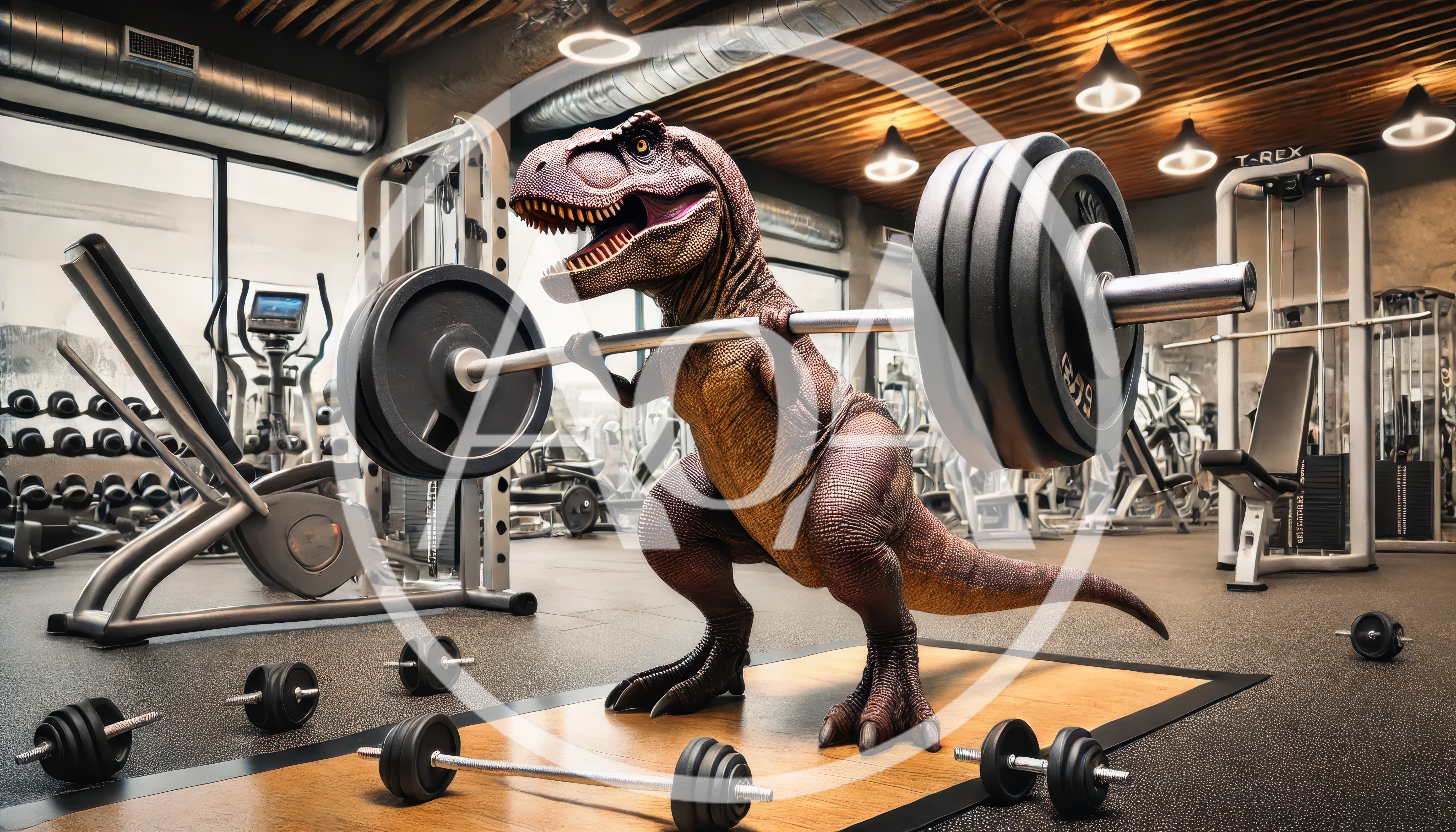 T-Rex Dinosaur Lifting Heavy Barbell in Modern Gym